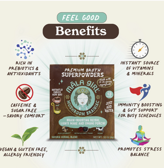 Mála Girl Mushroom Broth packaging with its health benefits listed around it.